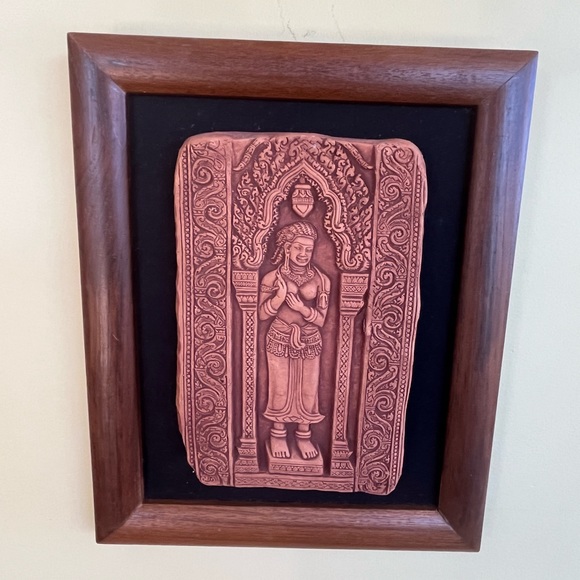 New Carved Apsara Radha Terracotta Textured Tile Panel Custom Frame 8.5" x 10.5" - Picture 6 of 6